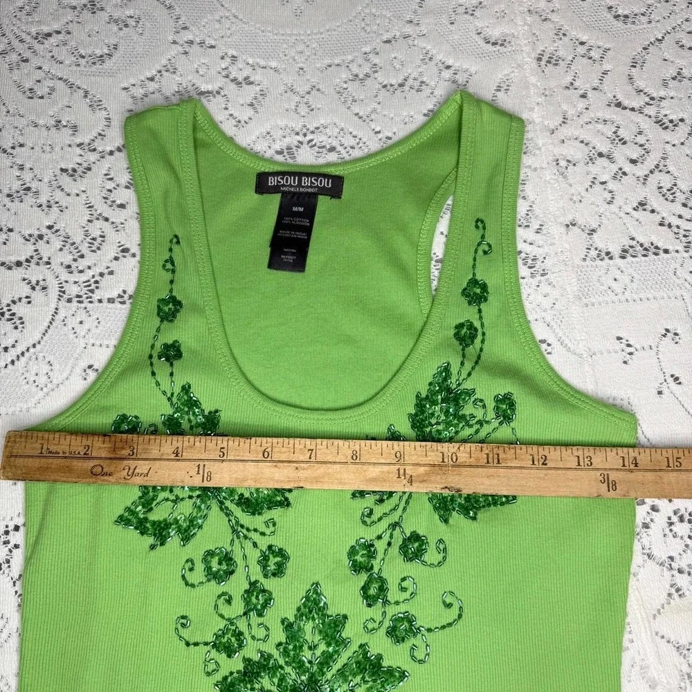 Bisou Bisou Y2K Lime Green Beaded Sequin Floral Tank Top Medium - Picture 2 of 6